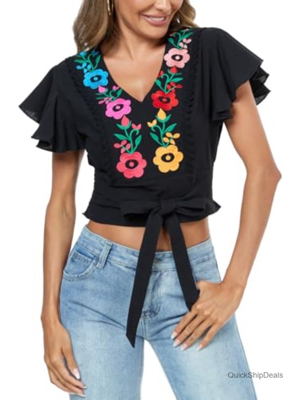 Women's V Neck Tie Front Crop Top Ruffle Short Sleeve Embroidered Boho Blouse